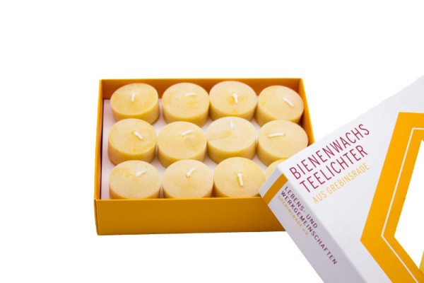 Grebinsrade Bienenwachs Teelichter im Karton 24 Stück gelb